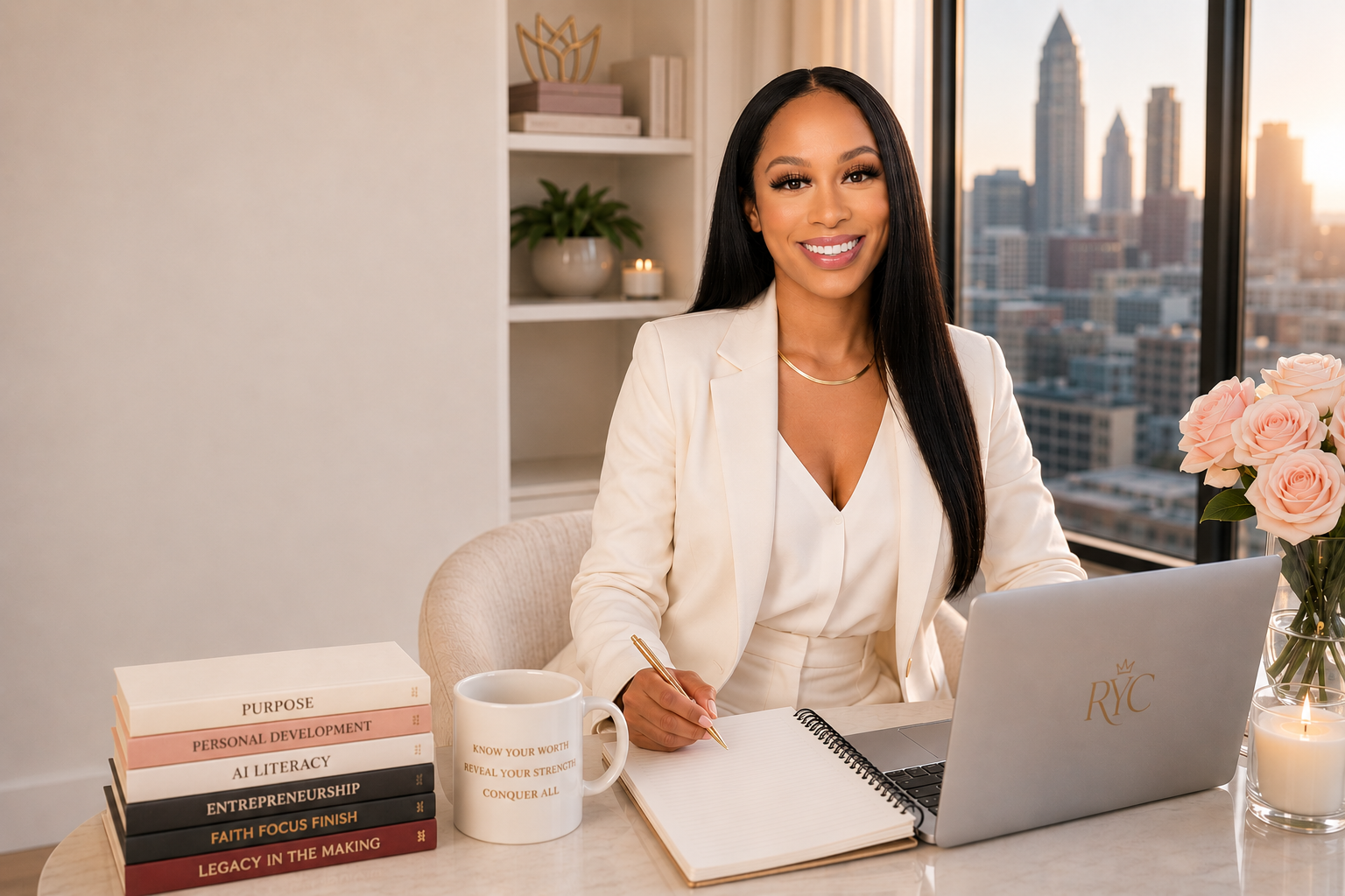 Ari Simone at her desk with RYC books